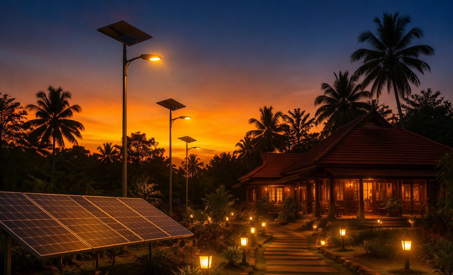 Solar-powered lighting in a garden at dusk